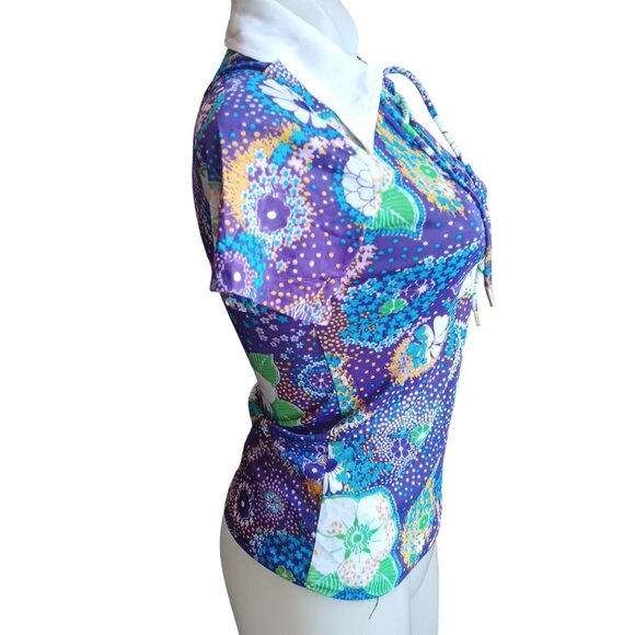 Small Vintage Women's Top 1960s Psychedelic Lace-Up Bodice Stretch Groovy Mod - Picture 4 of 8